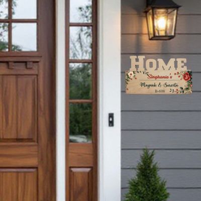 Personalized Wooden Home Name Plate with Floral Theme for Main Door | Custom With Name & House Number | Welcome Sign for Door, Flat, New Home & Housewarming Gift